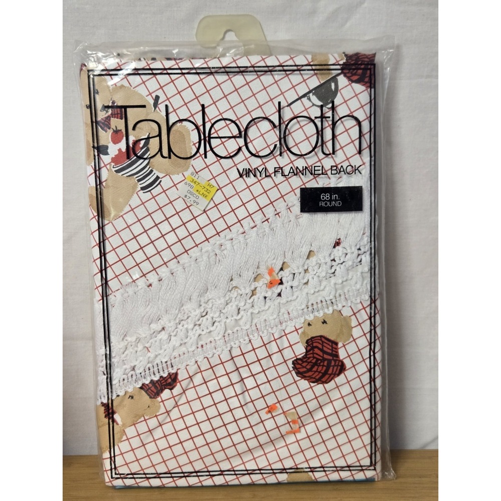 Vintage 1980s NOS Vinyl Tablecloth With Teddy Bear Design And Lace Fringe. 68" R